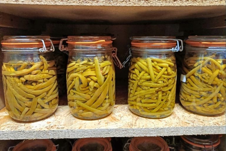 Bocaux de haricots verts à l’autoclave entreposés dans une cave